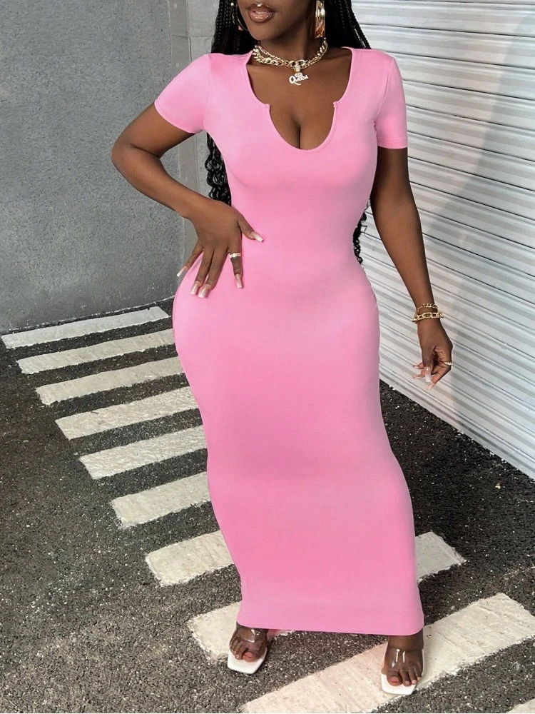 U Neck Low Cut Fitted Short Sleeve Dress 4 U Neck Low Cut Fitted Short Sleeve Dress - Image 2