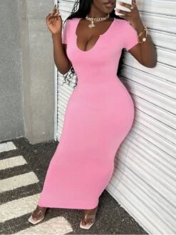 U Neck Low Cut Fitted Short Sleeve Dress 12 U Neck Low Cut Fitted Short Sleeve Dress -BreezeWear Store P 20240328140540050 284