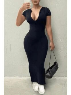 Solid U Neck Fitted Short Sleeve Maxi Dress