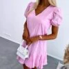 Solid Color Drawstring Puff Sleeve Loose Short Sleeve Dress