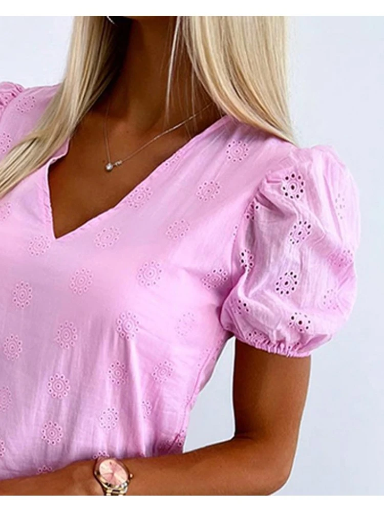 Solid Color Drawstring Puff Sleeve Loose Short Sleeve Dress 5 Solid Color Drawstring Puff Sleeve Loose Short Sleeve Dress - Image 3