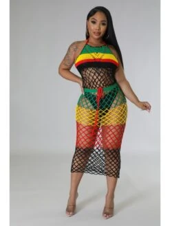 Colorblock Fringe Weave Backless Maxi Dress