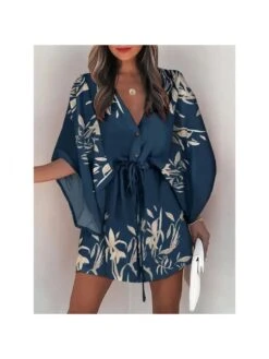 Print Lace Up Single Breasted Loose Dress