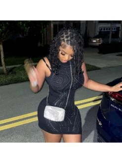 Hotfix Rhinestones High Rise Bodycon Sleeveless Dresses