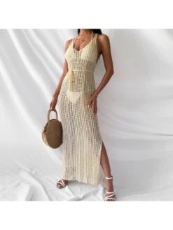 Hollow Out Solid Color V Neck Sleeveless Dresses -BreezeWear Store P 20240420100502762 476