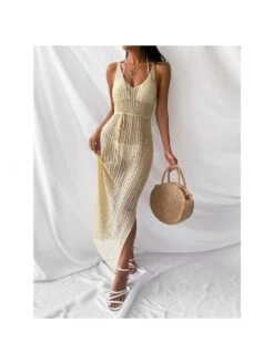 Hollow Out Solid Color V Neck Sleeveless Dresses -BreezeWear Store P 20240420100503498 751