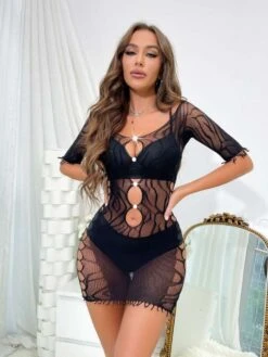 Faux Pearl Perspective Cutouts Mini Dress