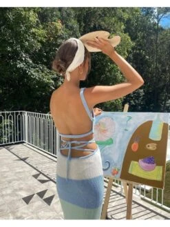 Colorblock Hollow Out Spaghetti Straps Backless Dresses -BreezeWear Store P 20240425085013791 223