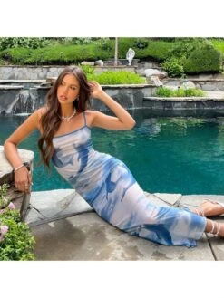 Dolphin Print Spaghetti Straps Maxi Dresses -BreezeWear Store P 20240425150029948 235