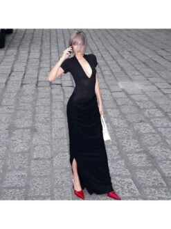 Solid Color Plunging Neckline Short Sleeve Maxi Dress -BreezeWear Store P 20240426113501922 221