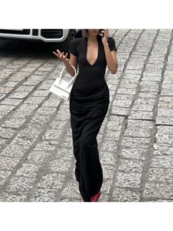 Solid Color Plunging Neckline Short Sleeve Maxi Dress -BreezeWear Store P 20240426113504562 581