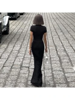 Solid Color Plunging Neckline Short Sleeve Maxi Dress -BreezeWear Store P 20240426113505075 338