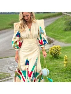 Ruched Print V Neck Maxi Dresses