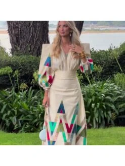 Ruched Print V Neck Maxi Dresses -BreezeWear Store P 20240429095524504 596