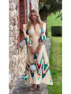 Ruched Print V Neck Maxi Dresses -BreezeWear Store P 20240429095527369 487