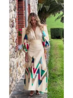 Ruched Print V Neck Maxi Dresses -BreezeWear Store P 20240429095528417 506