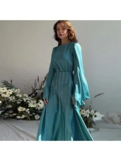 Tie-wrap Embellished Long Sleeves Maxi Dresses