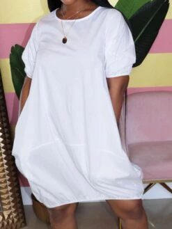 Lantern Sleeve Crewneck Loose Mini Dress