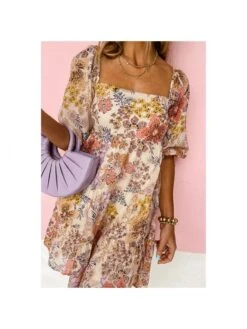 Print Square Neck Lace-Up A-line Dress -BreezeWear Store P 20240509154010824 245