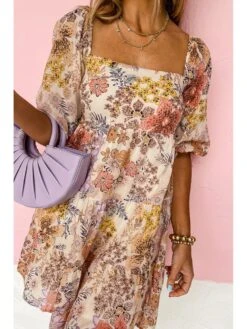 Print Square Neck Lace-Up A-line Dress -BreezeWear Store P 20240509154011545 558