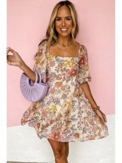 Print Square Neck Lace-Up A-line Dress -BreezeWear Store P 20240509154012785 605