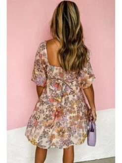 Print Square Neck Lace-Up A-line Dress -BreezeWear Store P 20240509154013546 497