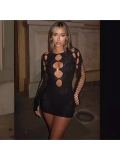 See Through High Rise Bodycon Long Sleeves Dress