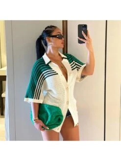 Colorblock Striped Single Breasted Short Sleeve Dress -BreezeWear Store P 20240522090004323 888