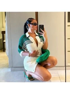 Colorblock Striped Single Breasted Short Sleeve Dress -BreezeWear Store P 20240522090004992 335