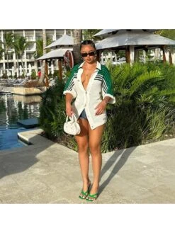 Colorblock Striped Single Breasted Short Sleeve Dress -BreezeWear Store P 20240522090006338 454