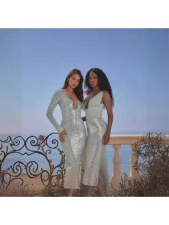 Sequin Plunging Neckline A-line Long Sleeves Dress -BreezeWear Store P 20240524113510650 691