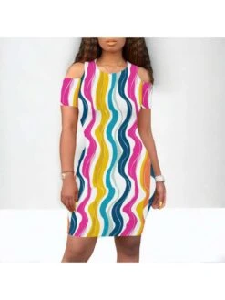 BreezeWear Store 21 Colorblock Wave Cutouts Short Sleeve Dress