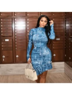 Imitation Denim Printed Backless Midi Dress