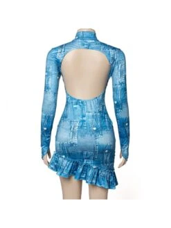 Imitation Denim Printed Backless Midi Dress -BreezeWear Store P 20240527115021214 483