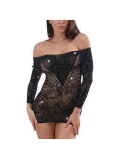 Hotfix Rhinestones See Through Jacquard Weave Long Sleeves Dress -BreezeWear Store P 20240528095005062 183
