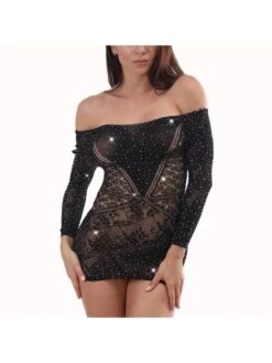 Hotfix Rhinestones See Through Jacquard Weave Long Sleeves Dress -BreezeWear Store P 20240528095007101 110