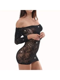 Hotfix Rhinestones See Through Jacquard Weave Long Sleeves Dress -BreezeWear Store P 20240528095007743 709