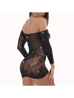Hotfix Rhinestones See Through Jacquard Weave Long Sleeves Dress -BreezeWear Store P 20240528095008220 635