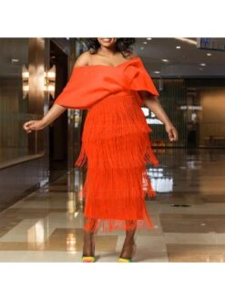 Fringe V Neck Off Shoulder Midi Dress