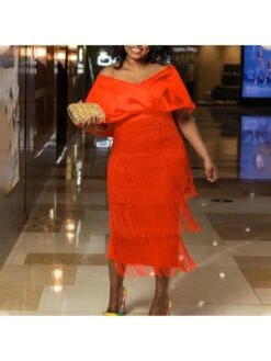 Fringe V Neck Off Shoulder Midi Dress -BreezeWear Store P 20240603093506214 361