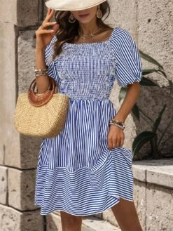 Striped Square Neck Fitted Short Sleeve Dress -BreezeWear Store P 20240606163221292 232