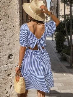 Striped Square Neck Fitted Short Sleeve Dress -BreezeWear Store P 20240606163221932 686