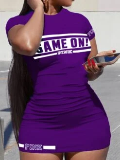 Letter Printed Slim Short Sleeve Mini Dress