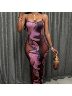 Print Spaghetti Straps Bodycon Dresses -BreezeWear Store P 20240608142405786 635