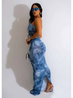 Imitation Denim Printed Strapless Maxi Dress -BreezeWear Store P 20240612161203222 491