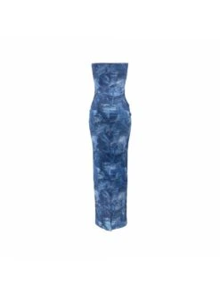 Imitation Denim Printed Strapless Maxi Dress -BreezeWear Store P 20240612161205643 613