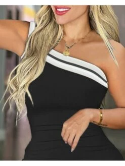 Disty Floral Printing One-shoulder Fitted Sleeveless Dresses -BreezeWear Store P 20240612180437377 947