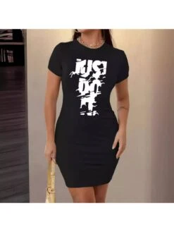 Letter Pattern Pullover Short Sleeve Dress