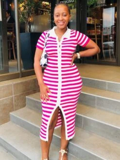 Striped Buckle Collar Split Hem Dress