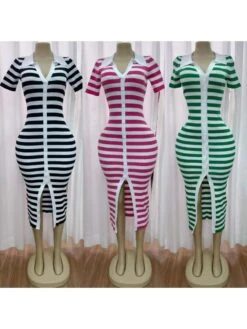 Striped Buckle Collar Split Hem Dress -BreezeWear Store P 20240614145618681 945